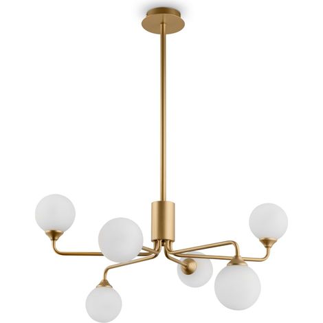 Deckenleuchte Metall Glas B: 65 cm in Gold matt Weiß G9 6-flammig Kugel Schirm Retro Deckenlampe