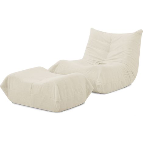 Poltrona puff da pavimento con schienale e poggiapiedi in teddy beige, schiuma, HOMVRA (1/5)