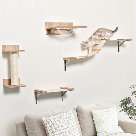 Set da parete per gatti 100x25,5x17,5 cm in legno marrone con tiragraffi e amaca (1/5)