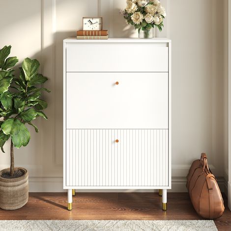 Schuhschrank, 65x24x104 cm, schmaler Schuhschrank für den Eingangsbereich mit Schublade und 2 Klapptüren, modernes geriffeltes MDF im skandinavischen Stil, Weiß (1/5)