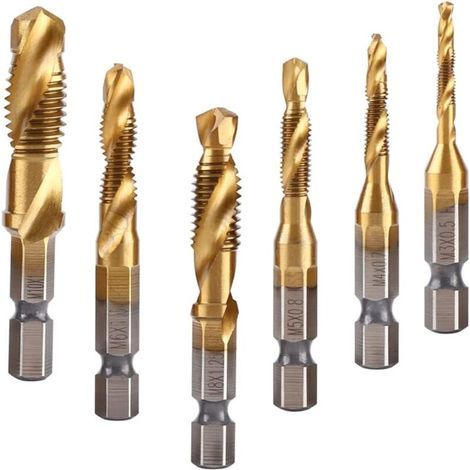 Jeu de 6 tarauds, taraud M3-M10, taraud métallique 1/4 pouce, tige hexagonale revêtue de titane pour aluminium fin, cuivre, plastique et bois (1/4)