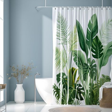 Rideau de Douche,Rideau de Salle de Bain, Abstrait Plante Rideaux de Douche Aquarelle, Rideau de Baignoire Imperméable, Salle de Bain avec Ourlet Inférieur Lesté et Crochets, 200x200cm (1/5)