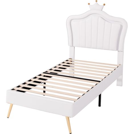 Cama infantil tapizada 90 x 200 cm blanca con LED, MDF, PU y somier (1/5)