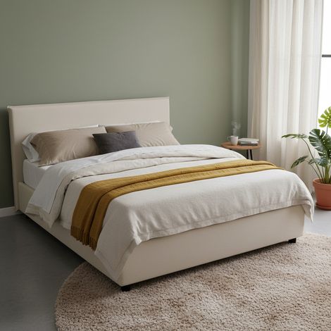 Talamo Italia Lit double Beata, Lit conteneur avec revêtement en tissu, 100% Made in Italy, Ouverture frontale, avec matelas Cm 140x190 inclus, Beige, avec emballage renforcé (1/5)