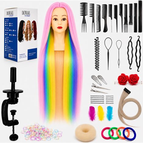 Cabeza de entrenamiento de peluquería femenina para peinar cabello sintético de 70 cm + set de cabello, peine para rellenar moños y recogidos. (1/5)