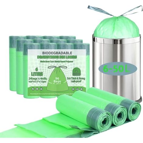96 Sacs Poubelles Biodégradables 6L avec Liens Coulissants, Sacs pour Composteur 96 Pièces Sacs pour Déchets Alimentaires de Cuisine (1/5)