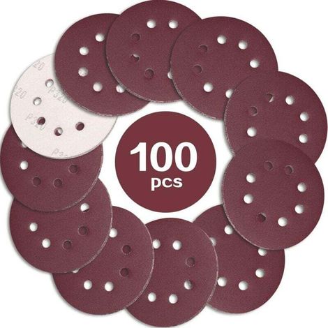 Dischi abrasivi per levigatrici roto-orbitali – 100 pezzi, diametro 125 mm, grana 320, carta abrasiva perforata a 8 fori
