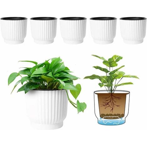 Lot de 6 pots de fleurs, plastique blanc, réserve d'eau, système irrigation, diamètre 10 cm, intérieur jardin (1/5)