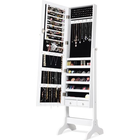 Mobiletto portagioielli di design indipendente con specchio 46 x 37 x 110 cm pratica funzione 2 in 1 finitura bianca 200014970
