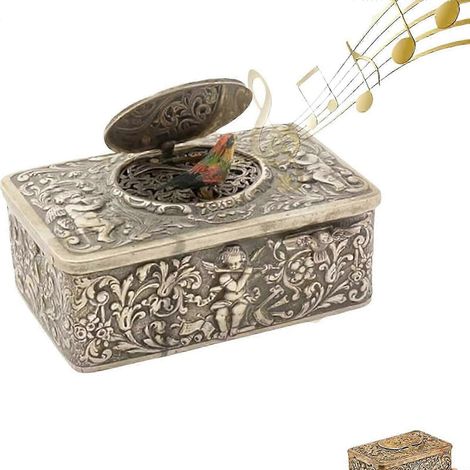 Boîte à musique oiseau 3D en relief (argent) - Modèle européen - Automate mécanique chantant - Objet de collection antique à remontoir (1/5)