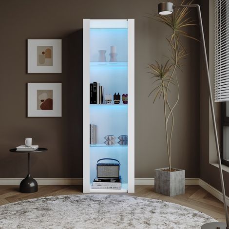 Vitrine Blanche Laquée avec Éclairage LED, 3 Étagères en Verre, 55x38x166 cm, sur Pied, pour Armoires Hautes et Stockage (1/5)