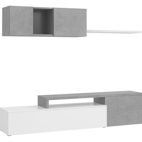 Parete Attrezzata Mobile Soggiorno TV con Mensola Pensile Salotto Legno Base Televisione Sala da Pranzo Design Moderno Modulare Reversibile Adelaide 201 x 41 x 44 cm Colore Bianco e Grigio Cemento (1/5)