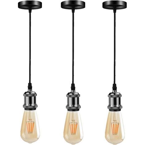 3 pièces Industriel Suspension en métal,Vintage Lampe Suspendue Douille de lampe E27(Noir) (1/5)