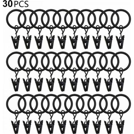 30 curtain rings with clips, sturdy drapery clips, hooks on tension rod bracket, inner diameter metal eyelets, decorative curtain hangers, black (1/5)