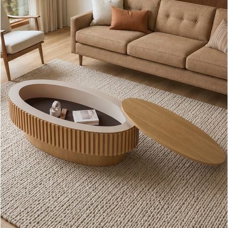 Couchtisch mit Stauraum, gerilltes Design, MDF und Massivholzfurnier, Naturholz (1/5)