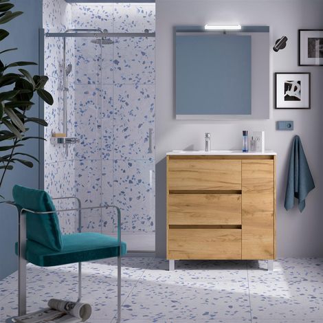 Ensemble complet Noja 850 3 tiroirs et 1 porte droite Chêne Afrique Satin + meuble lavabo + miroir + lampe (1/3)