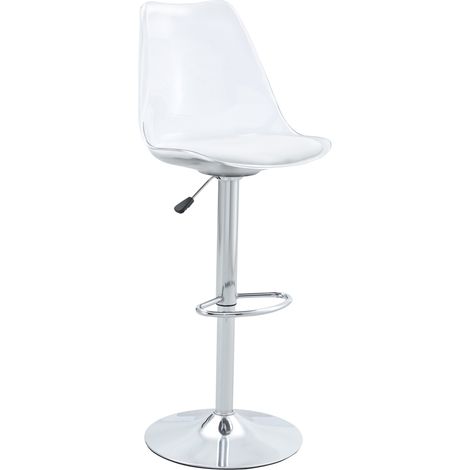 Lot de 2 tabourets de bar modernes réglables avec dossier en plastique transparent et assise en cuir PU blanc, pieds en métal argenté (1/5)