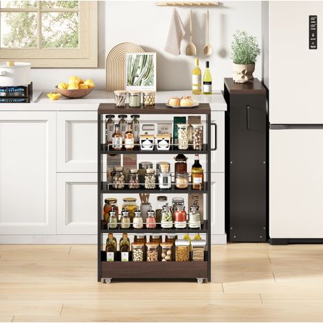 Chariot de cuisine étroit 55x20x85 cm en MDF noir et bois, gain de place pour cuisine FLORAGRACE (1/5)