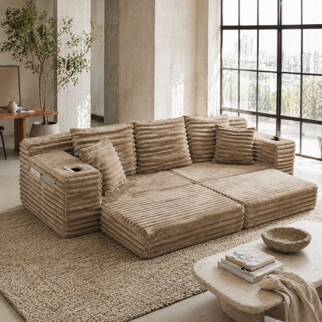 Schlafsofa Cord Khaki 273x98x87 cm mit hoher Rückenlehne, Zusatzkissen, Seitentaschen und Getränkehaltern (1/5)