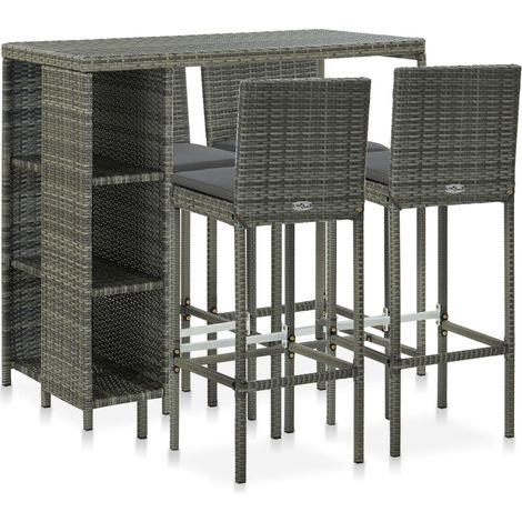 5-tlg. Gartenbar-Set mit Kissen Poly Rattan Grau