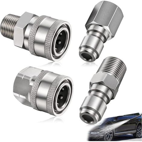 4 Pièces Coupleur de Nettoyeur Haute Pression, Pressure Washer Adapter Set, Adaptateur 1/4 Npt Pouces Mâle Femelle, en Acier Inoxydable(Argent) (1/5)