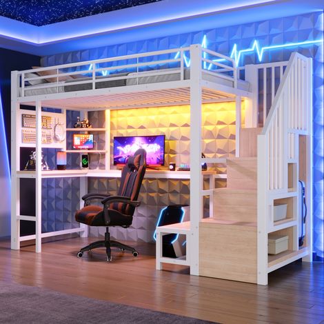 Letto a castello 255x95.5x170 cm, con scrivania, parete forata, scale con spazio contenitivo, luci LED, metallo e MDF bianco (1/5)