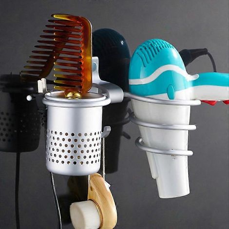 Support de sèche-cheveux cylindrique en aluminium spatial doré (argenté) (1/3)