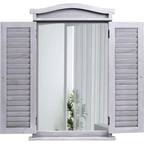 Miroir mural avec volets en bois gris – 71×46×5 cm – Style vintage pour salle de bain, entrée ou salon 040007889