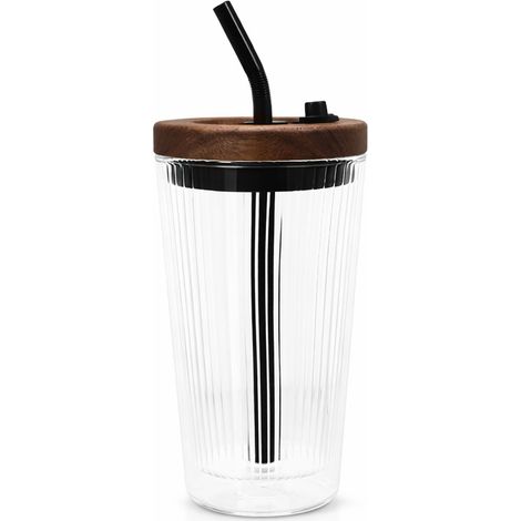 Gobelet 50cl en verre avec paille et couvercle en bois, FUSION (1/4)