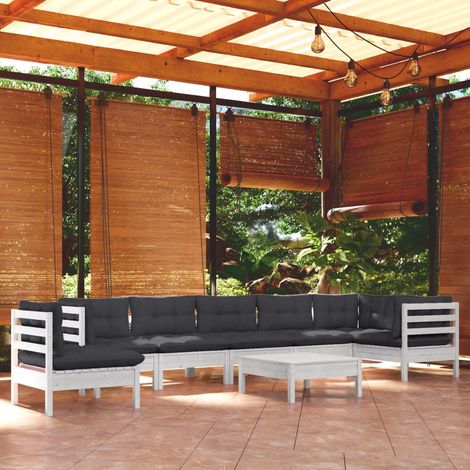 9-tlg. Garten-Lounge-Set mit Kissen Weiß Kiefer Massivholz (1/5)