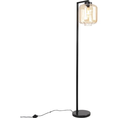 QAZQA Diseño Lámpara de pie de diseño negra con cristal ámbar - Qara Down Vidrio /Acero Alargada Adecuado para LED Max. 1 x 60 Watt