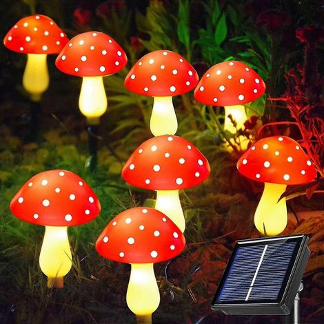 Lot de 8 lampes solaires champignons rouges améliorées pour la décoration de jardin, guirlande lumineuse solaire champignon étanche à 8 modes pour extérieur. (1/5)
