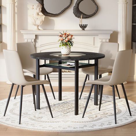 REDOM - Tavolo rotondo e 4 poltrone in similpelle grigio caldo con ampi cuscini comfort effetto legno nero. (1/5)
