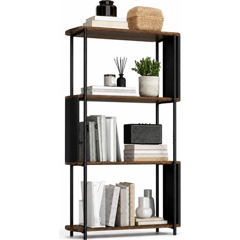 Étagère de rangement, idéal pour le salon, bibliothèque à 4 niveaux avec panneaux latéraux incurvés, structure en acier, 80 x 30 x 141 cm, marron (1/5)