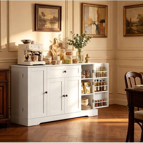 Buffet de cuisine blanc 140 cm avec tiroir, 4 portes, étagères réglables, MDF (1/5)