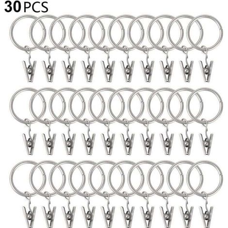 30 sturdy curtain rings with clips, tension rod holders and metal eyelets, decorative, silver-colored. (1/4)