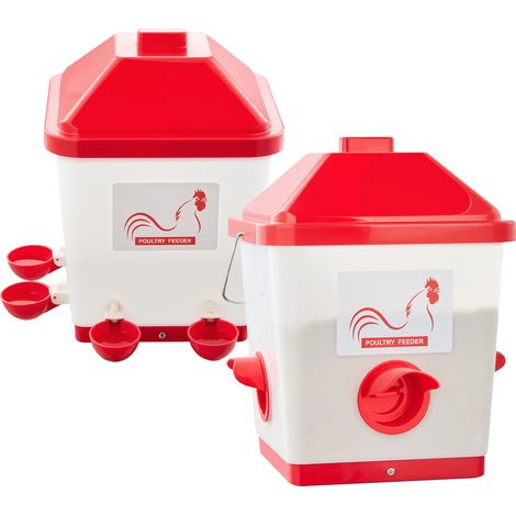 Mophorn Comedero y Bebedero Automático para Pollos, PP, 19 L/18,14 kg, Diseño Colgante e Impermeable, Sistema por Gravedad, Reduce el Desperdicio y Bloquea Animales Pequeños, Blanco y Rojo