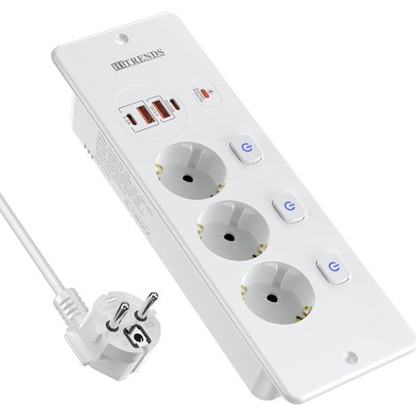 Prise encastrable Triple avec USB-C PD 20W  Barrette avec interrupteurs individuels  pour Plateaux de Bureau et Tables de réunion  Câble 2m (3x1.0mm²)  Blanc (1/5)