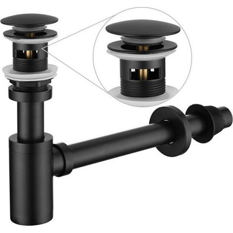 Kit Siphon P Lavabo Salle de Bain Noir Mat - Bonde à Tirette avec Trop-Plein - Laiton 1-1/4" - Installation Facile (1/4)