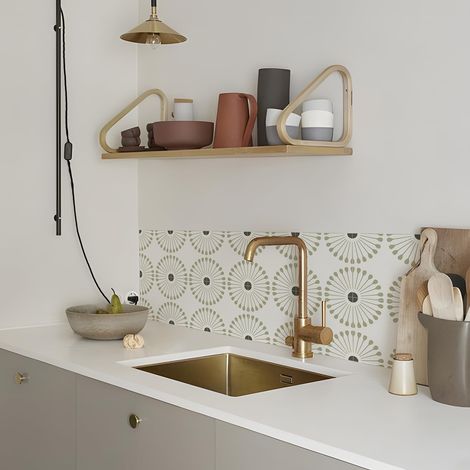 Lot de 10 autocollants de transfert en vinyle pour carrelage de salle de bain, cuisine, crédence, carrelage mural et sol, vert sauge, blanc, 15 cm (1/5)