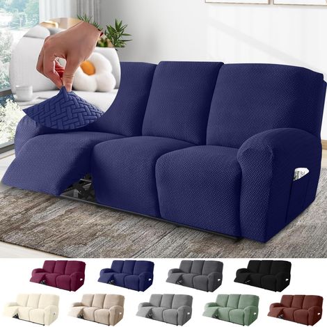 3-Sitzer Sessel Überzug, Sesselbezuge Stretch mit Taschen, All-Inclusive Streifen-Jacquard Sesselschoner für Fernsehsessel Relaxsessel Sesselhusse (Blau, 8-Teilig)