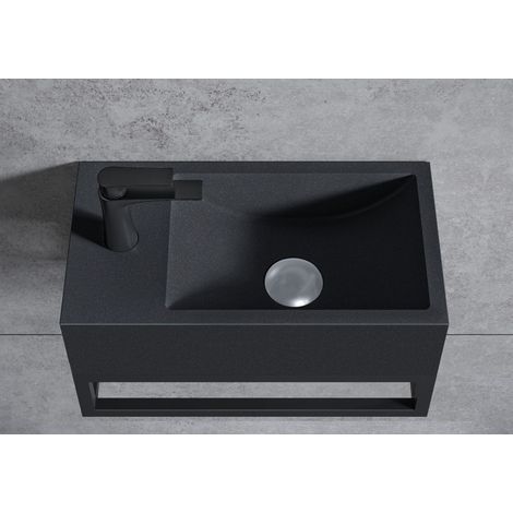 BERNSTEIN - Vasque murale suspendue design 44x22x10cm en fonte minérale - Sans bonde ni cache, Rangement gauche, Quartz noir, Avec Console (1/4)