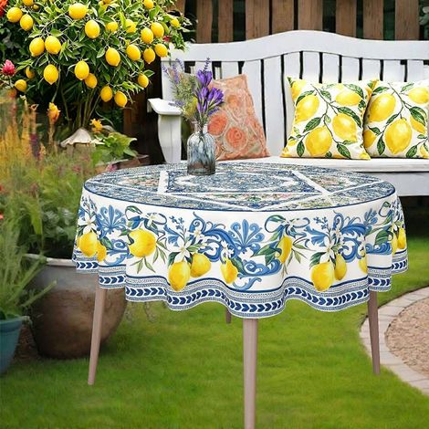 Nappe ronde classique bleue et blanche à motif citron, 1 pièce, idéale pour une garden-party. Résistante et facile à nettoyer. (1/4)