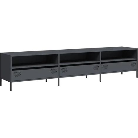 Meuble TV industriel design robuste avec espace de rangement 202 x 39 x 43,5 cm en acier laminé à froid anthracite