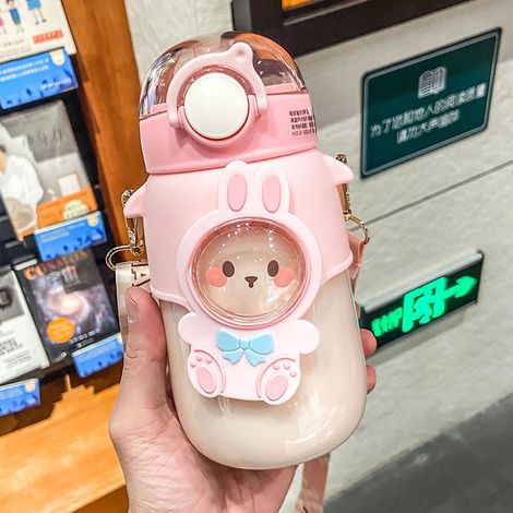 Gobelet à boire portable en plastique souple avec anse, motif cartoon et bouchon anti-fuite, rose (1/5)