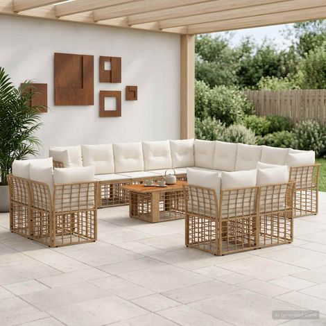 vidaXL Set Divano da Giardino 14 pz Naturale e Bianco Crema polyrattan (1/5)