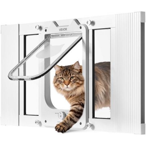 Gatera para Gatitos para Ventana Ajustable de 58,4-71,1 cm Puerta para Gato 4 Modos de Cierre Marco de Aluminio y Cristal de Alta Transparencia Cierre Magnético para Mascotas Pequeñas, Blanco (1/5)