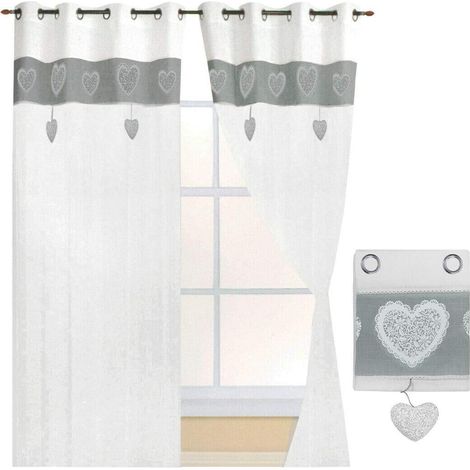 Tende Finestre Porta Interno Tessuto Lino Semitrasparente Coppia 2 Pz Shabby Chic Cuori Grigio - 140x290 cm