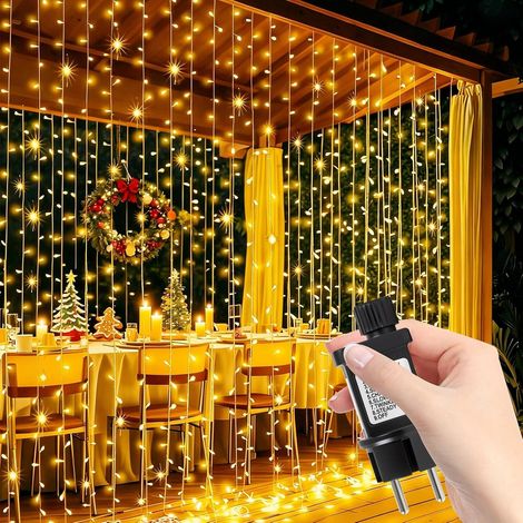 Rideau lumineux intérieur et extérieur, 6 m x 3 m, 600 LED, guirlande lumineuse, rideau avec prise, minuterie, 8 modes, guirlande lumineuse, étanche, pour mariage, pavillon, jardin