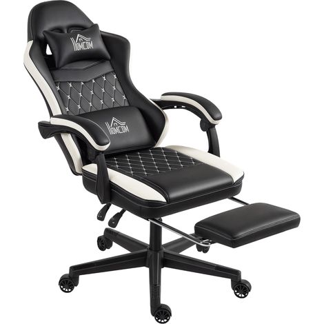 Gaming-Stuhl mit Fußstütze, verstellbarer Rückenlehne und Kopfstütze, Kunstlederbezug, drehbar und höhenverstellbar, Gestell aus Metall und Kunststoff, schwarz-weiß.